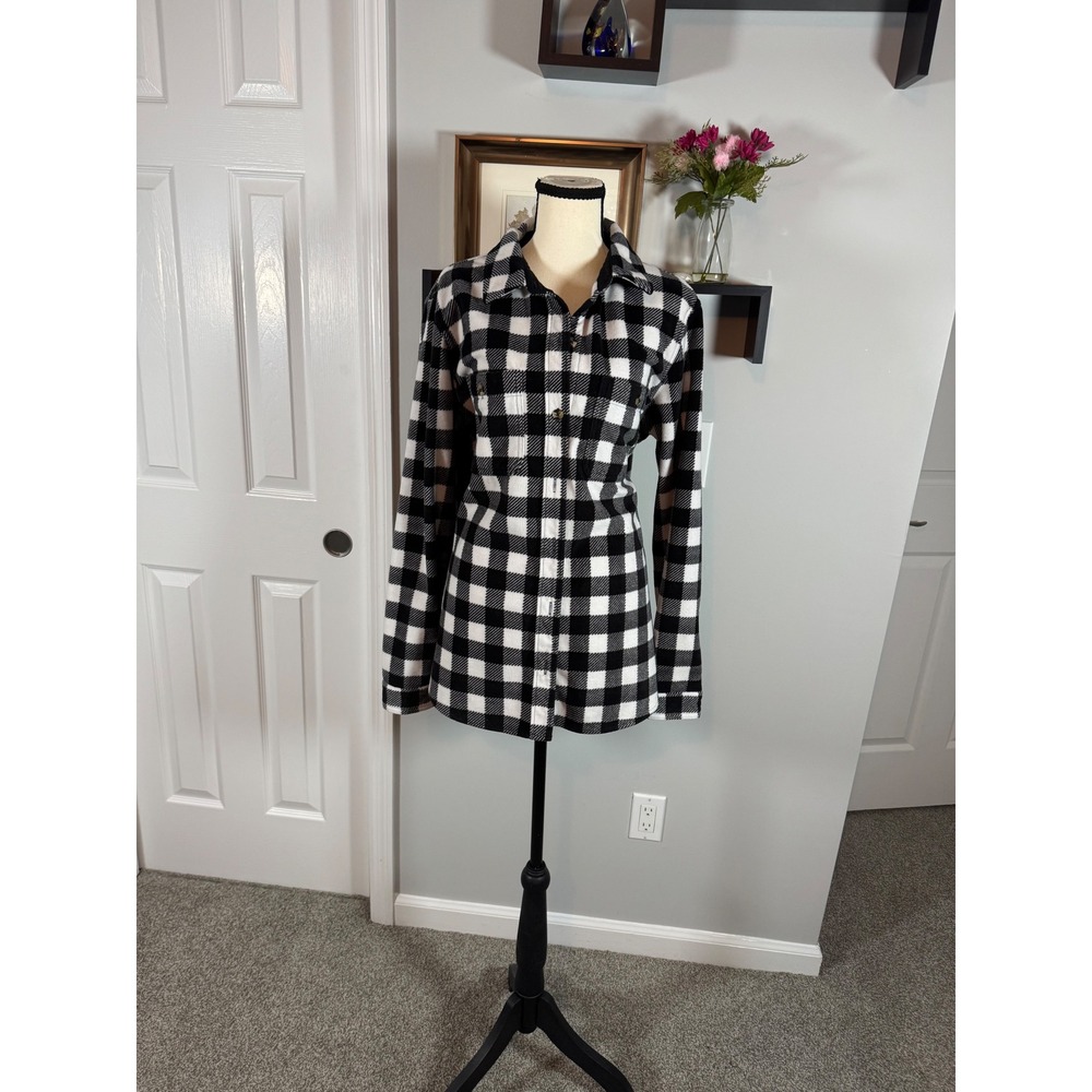 Time and Tru Womens XL Black White Buffalo Plaid Fleece Button Down Shirt Top